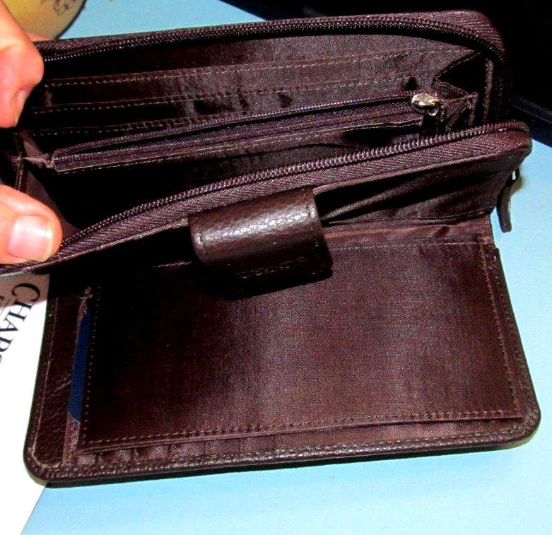 CHAPS Womens Brown Leather Clutch Snap Closure Organizer Checkbook /Wallet NEW image 2
