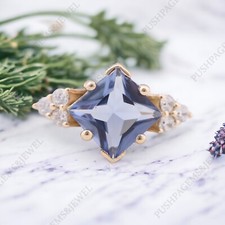 925 Sterling Silver 7x7 mm Square Cut Lab Created Aquamarine Ring Cubic Zirconia