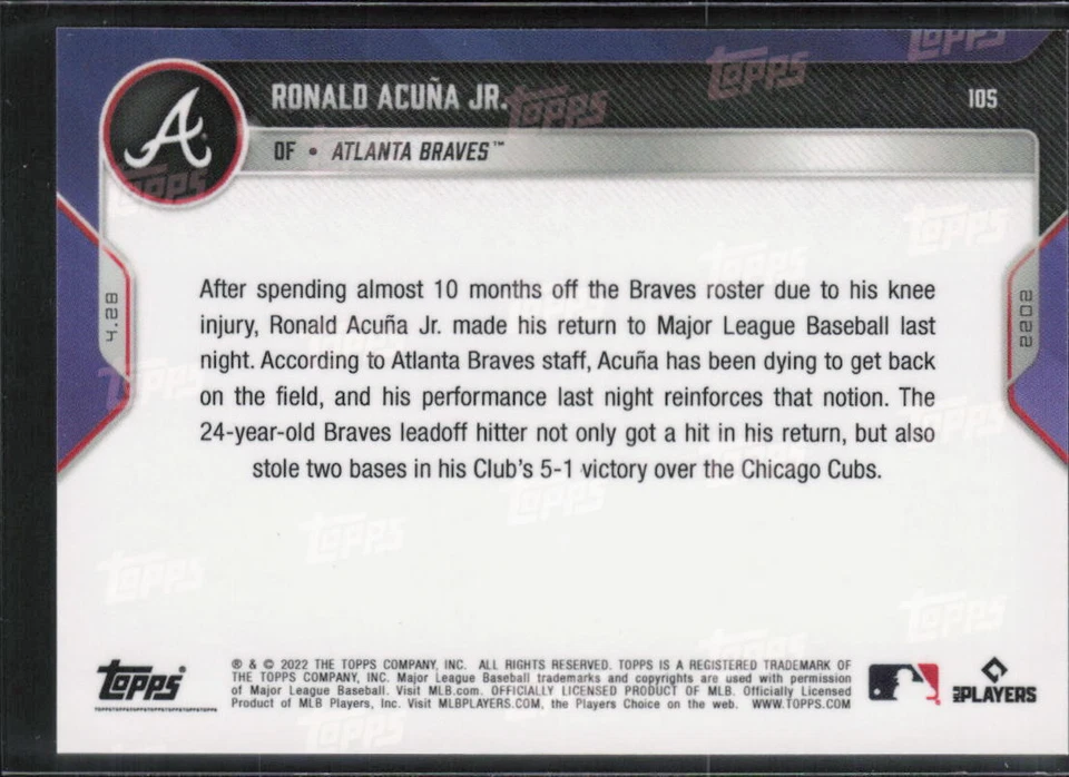 2022 Topps Now #105 Ronald Acuña Jr. Atlanta Braves Print Run 1143 - Image 2 of 2
