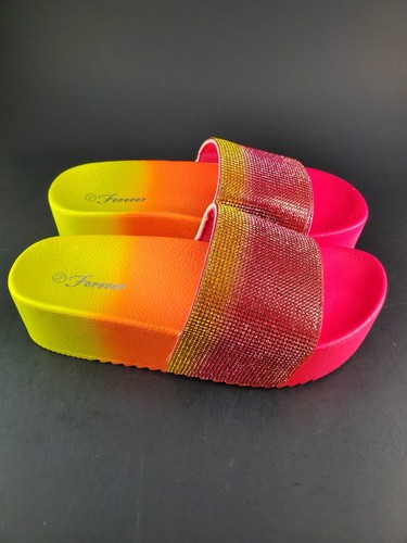NWOT Platform Women's Neon Pink/Yellow/Orange Slides Rhinestone Size 7.5 - 8 Y2K - Picture 4 of 8