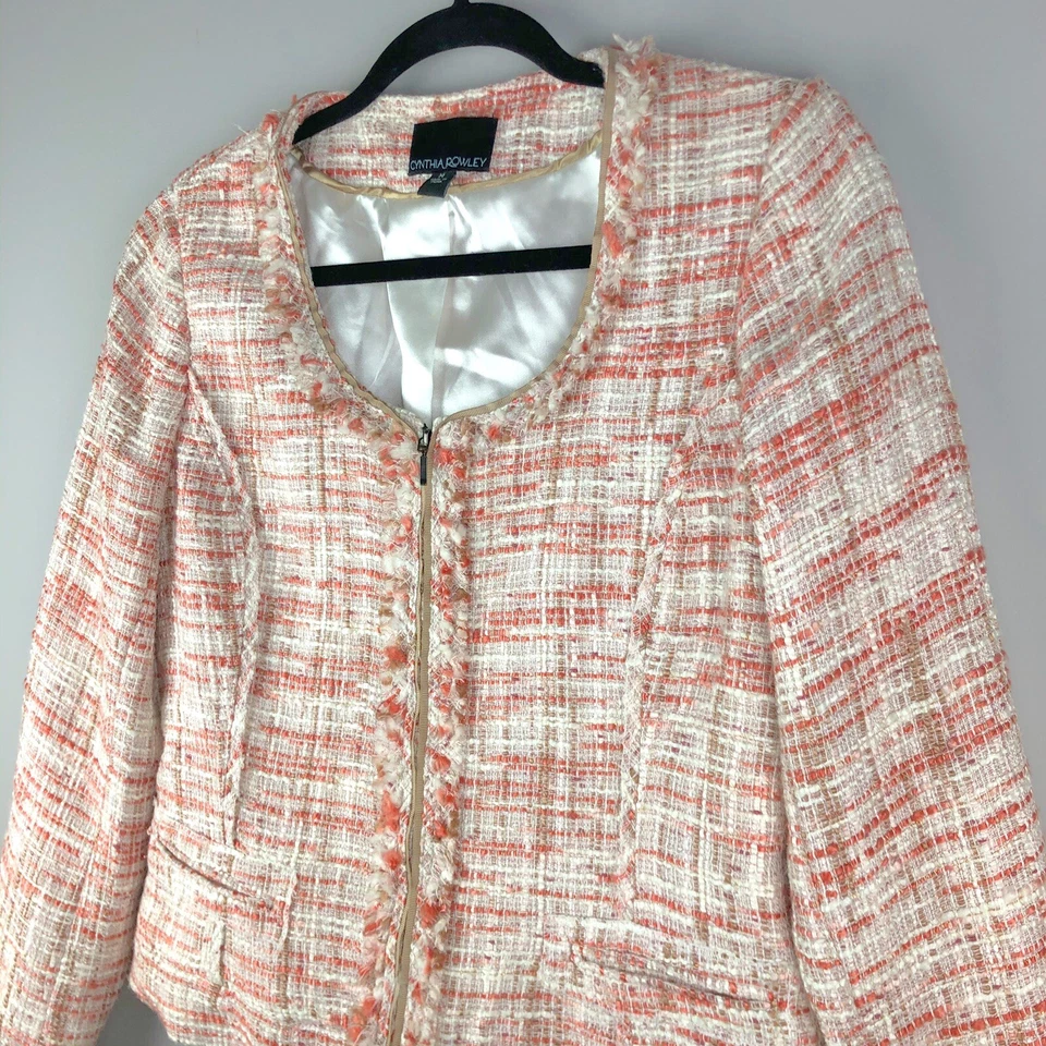 Blazer Cynthia Rowley Tweed Talla Mediana Rosa Cremallera Frontal Texturizado Chaqueta Primavera Foto 3 de 4