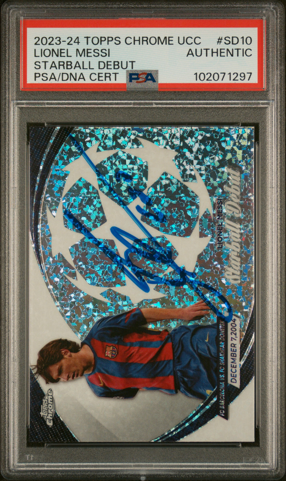 2023-24 Topps Chrome UEFA CC Starball Lionel Messi #SD10 PSA Auto Authentic view 3