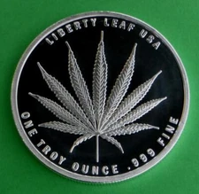 Marijuana Cannabis Round, Sativa Liberty Leaf 1 Troy Ounce .999 Silver, PL & LP