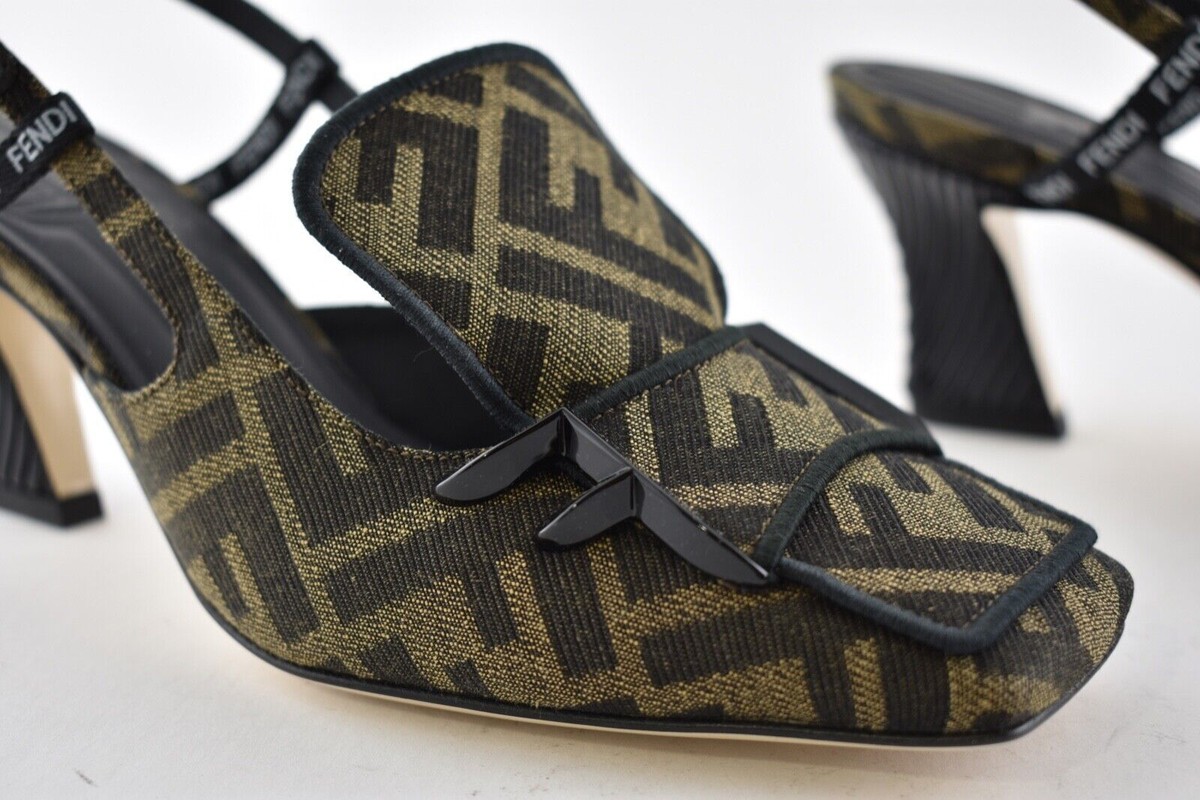 Fendi Freedom Black Brown Jacquard FF Logo Square Toe