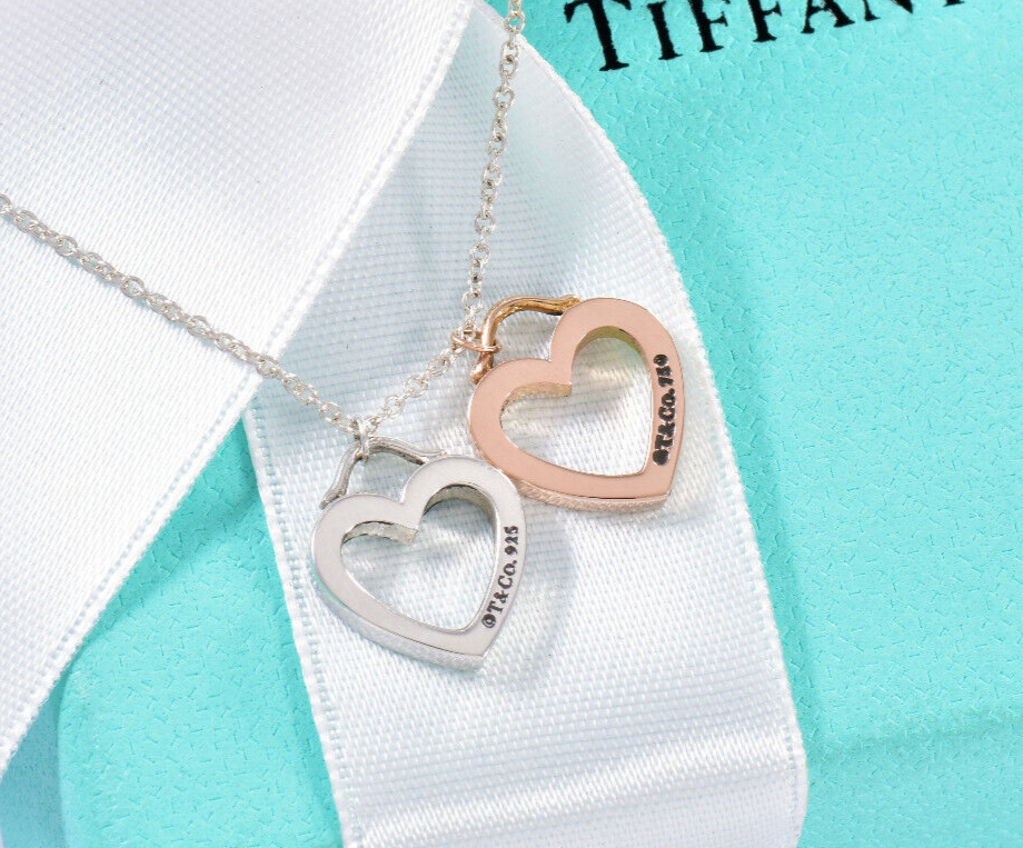 Tiffany & Co 18K Gold Silver Sentimental Heart Two Pendant 16.25