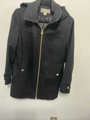 Michael Kors Women s Wool Blend Black Zip Coat With Pockets & ButtonHood Sz 10 