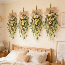 4 Pcs 22" Artificial Summer Swag Wreath Spring Floral Teardrop Swags for Front D