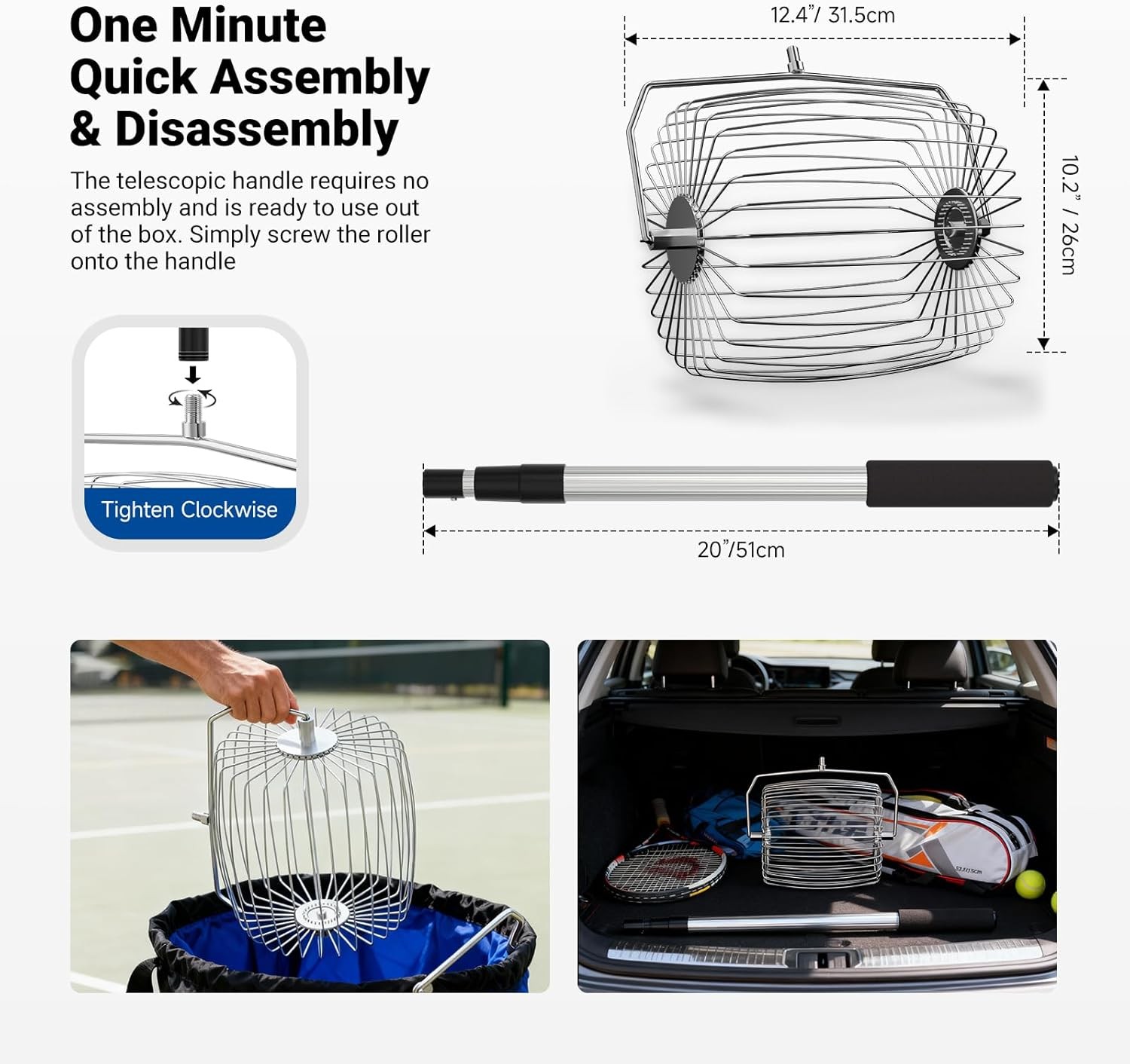 NEEWER TB01SD Tennis Ball Hopper, Telescopic 30-58", Rolling Collector