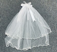 First Communion White Veil With Satin Ribbon, Pearls And Barrette