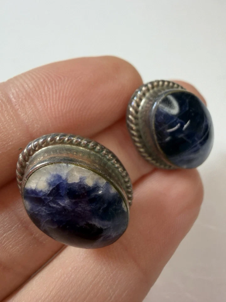 Sterling Silver Earrings Taxco Mexico Oval Sodalite Blue White Stud - Image 3 of 4