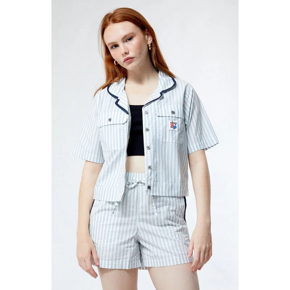 Camisa utilitária listrada Obey Serena feminina média algodão casual verão preppy - Imagem 2 de 4