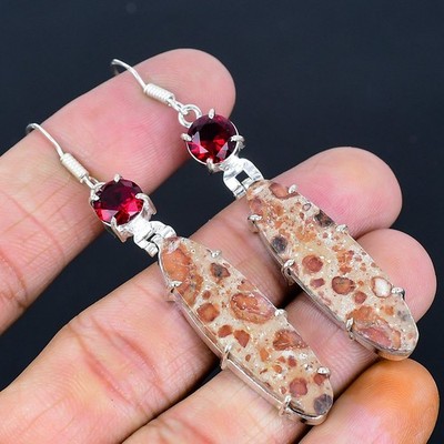 Superb Asteroid Jasper, Garnet 925 Sterling Silver Jewelry Earring 2.65''