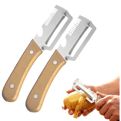 3-in-1 Stainless Steel Kitchen Peeler Grater Slicer, Wooden Handle Bottle Opener