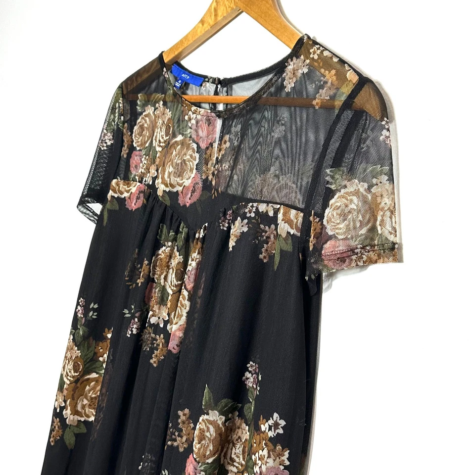 APT. 9 Vestido Feminino XL Preto Floral Malha Transparente Manga Curta Babydoll Mini - Imagem 3 de 4