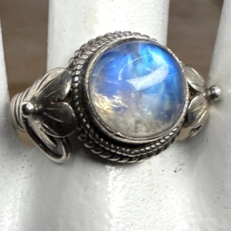 Кольцо с лунным камнем из чистого серебра с цветочным узором бохо ювелирные изделия ручной работы - Изображение 2 из 4