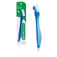 GUM Denture Brush - Dual Headed Hard Bristle Toothbrush for Dentures & Acrylic R