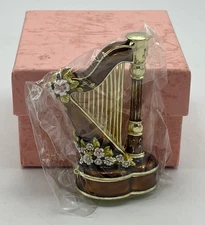 Collectible Miniature Enamel Harp Trinket Box Hinged Magnetic Original Box