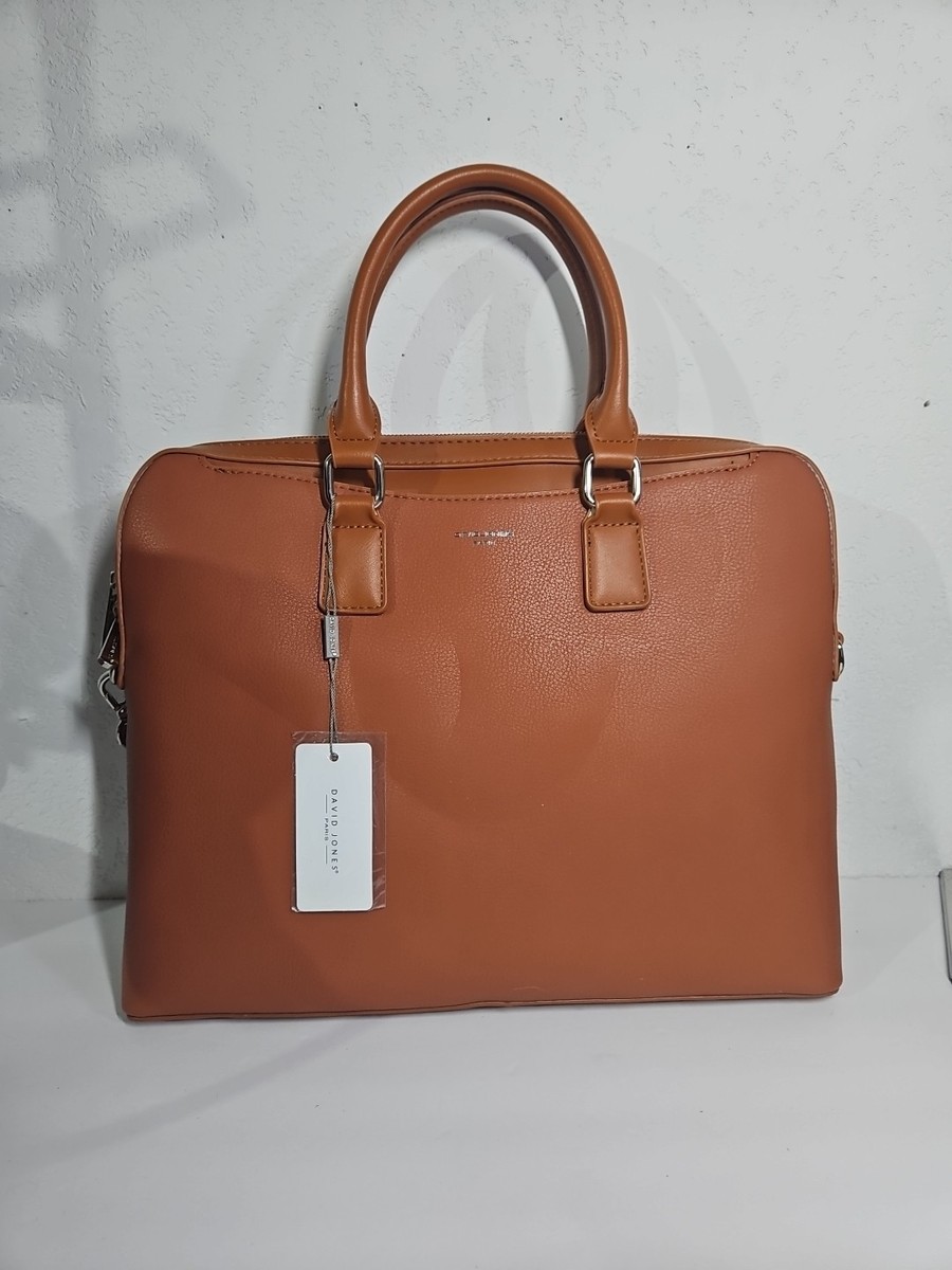 David Jones Paris Cognac Faux Leather Laptop Work Bag w/Crossbody