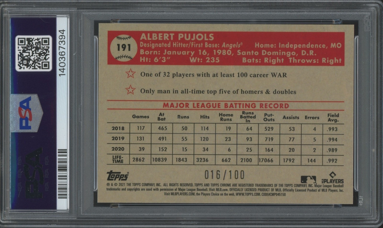 2021 Topps Chrome Platinum Red Atomic Refractor Albert Pujols /100 Mint PSA 9 view 2