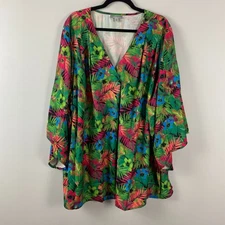Catherines V-Neck Angel Sleeve Blouse Size 4X Green Multi Floral Tropical Print