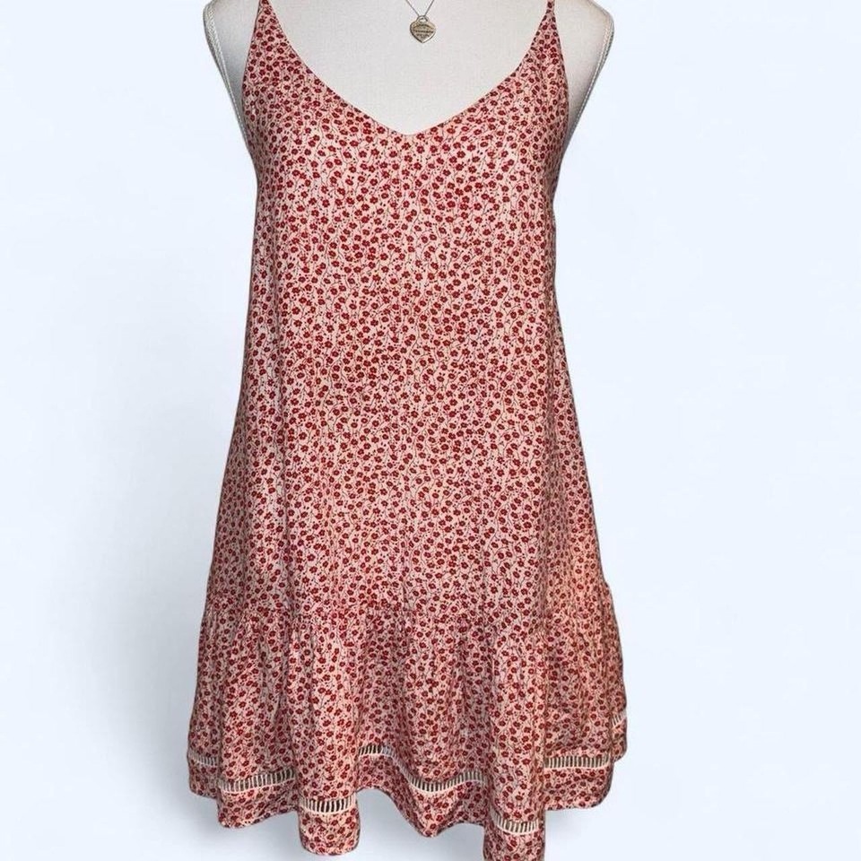 Morning Mist Women’s Red Floral Mini Dress Size 8 Tiered Summer Sundress