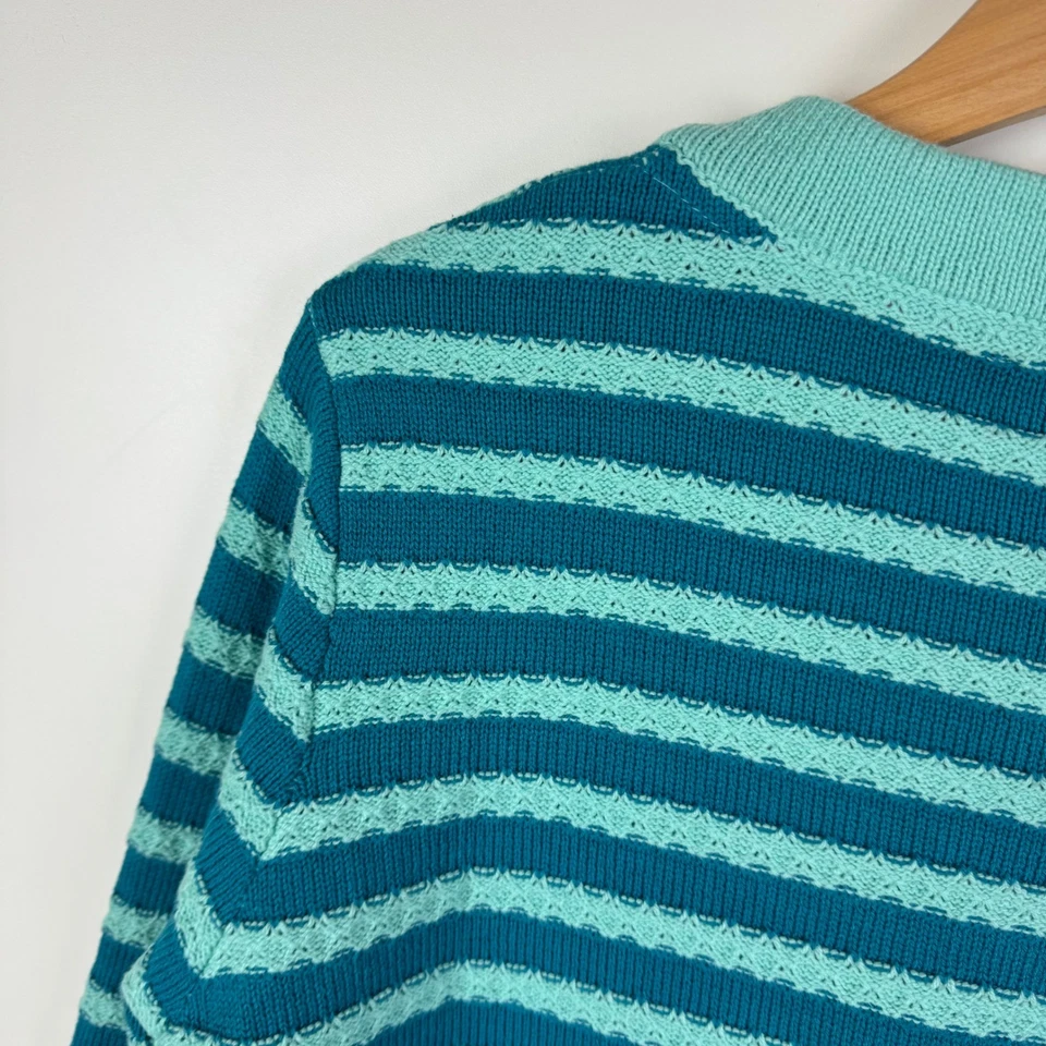 Isaac Mizrahi Live! Cárdigan suéter a rayas con botones delanteros mediano verde azulado Academia Foto 3 de 4