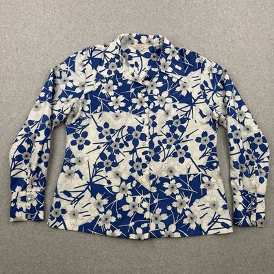 Vintage H Bar C Shirt Womens 40 White Blue Floral 70s Pearl Snap Blouse USA Made