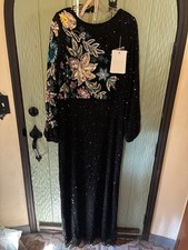 Mac Duggal Black Sequined Beaded Maxi Dress Gloral 5615 LS 12 Part Lined