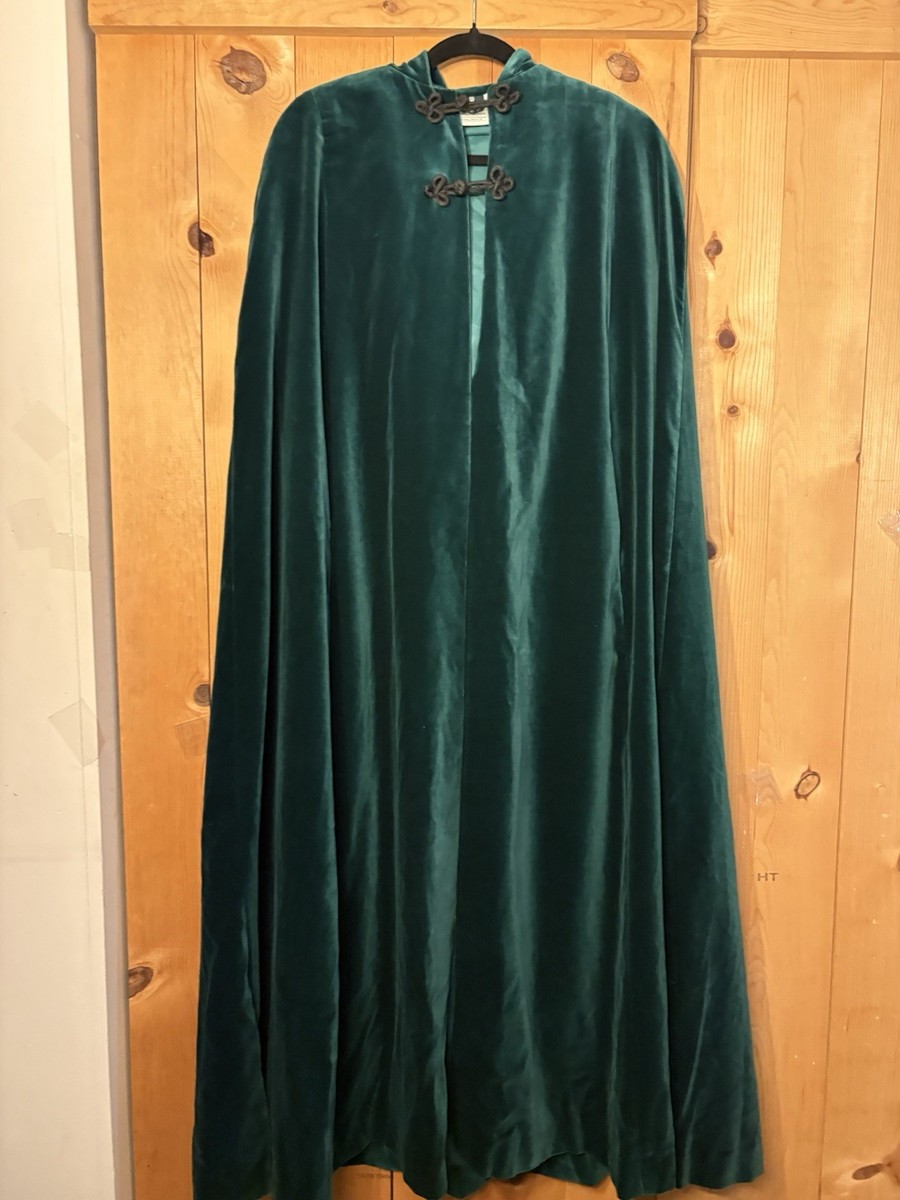 VTG 1980's LAURA ASHLEY GREEN Velvet HOODED CAPE S/M (fits Larger