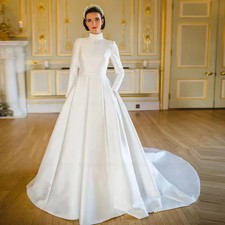 Muslim Exquisite A-line Wedding Dresses High Collar Belt Draped Pleat Brush