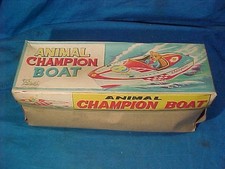NIB 1950s ANIMAL CHAMPION Tin Litho WIND UP TOY BOAT Made in JAPAN