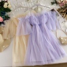 Mesh Ruffle Dress Sweet Off Shoulder Fairy Princess Midi Lolita Elegant