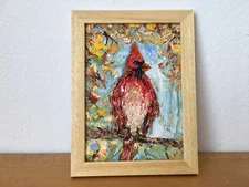 Red Cardinal Bird Impasto Oil Painting On Canvas Board Original Bird Artwork
