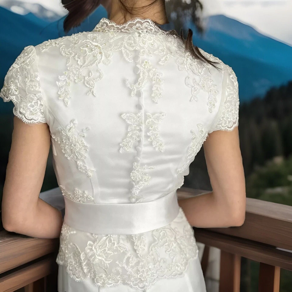 Vestido de novia talla 6 con mangas de gorra chaqueta de encaje con cuentas vestido de novia 2 un. Foto 3 de 4