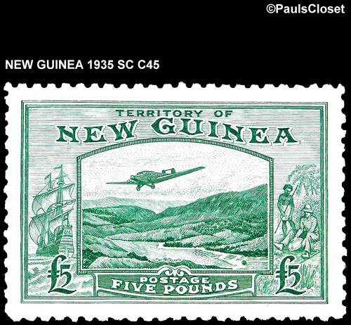 NEW GUINEA 1935 SC C45 PLANE OVER BULOLO GOLDFIELD £5 GREEN MVLH OG XF/S