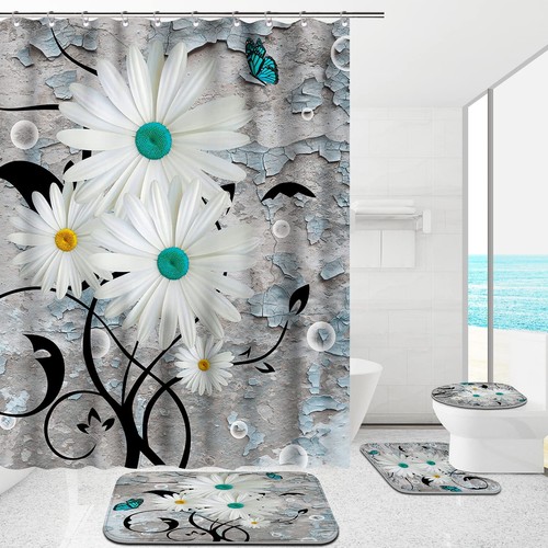 4 Piece Bathroom Shower Curtain Set With Rug Chrysanthemum Bathroom Sets With Pr - Picture 5 of 6
