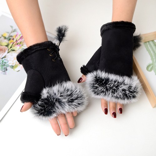 Women Ladies Faux Fur Leather Mittens Hand Wrist Warmer Winter Fingerless Gloves - Picture 7 of 34