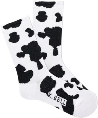 K. Bell Women's Cow Print Crew Socks 1 Pair, White, Women's 9-11