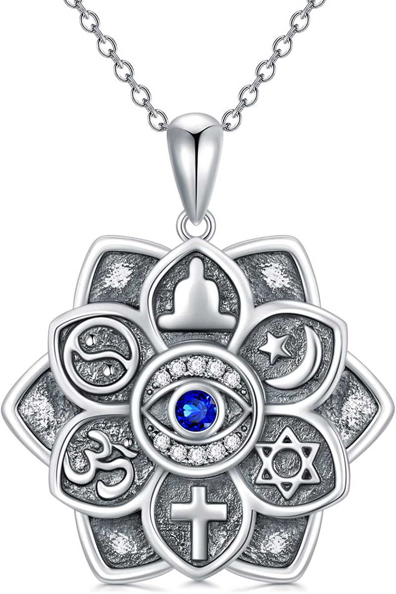 Evil Eye Lotus Flower Necklace Sterling Silver Yoga Protection