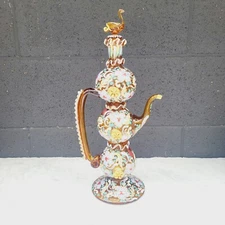 Antique Signed Moser Bohemian Amber Glass Fauna & Flora Decanter Pitcher 15.5" 