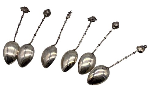 VINTAGE Set of 6 Japanese Sterling Silver Figural Coffee Spoons with Case - Picture 4 of 5