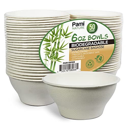 100% Biodegradable Sugarcane Bowls pack Of 50 6 Oz. Natural Compostable Soup B