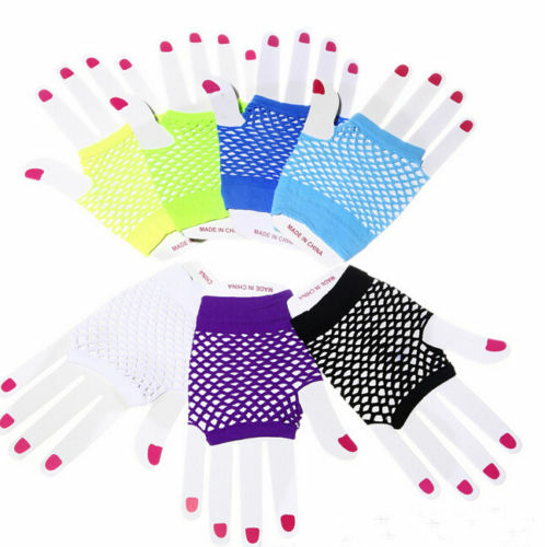 Ladies Fishnet Gloves Rainbow Fingerless Neon Party Dance 70s 80s Womens Glove - Picture 3 of 26