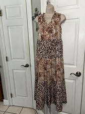 Versona Womens XS Floral Mixed Leopard Print Dress Tiered Rayon Boho Sleeveless