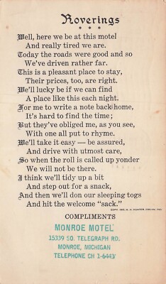 Monroe MI Michigan Motel Telegraph Road Funny Poem Lake Erie Vtg Postcard G12