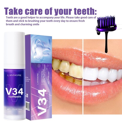 V34 Color Corrector Toothpaste, Purple Toothpaste for Teeth Whitening,30ml - Picture 3 of 12