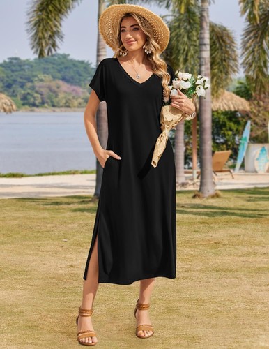 Summer Floral V-Neck Maxi Dress Short Sleeve Casual Beach Dress with Pockets - Picture 30 of 109