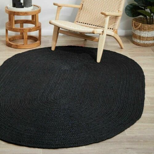 Rug Jute Oval Natural Farmhouse Runner Rustic Look Braided Modern Black Carpets - Picture 1 of 8