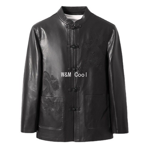 Men's PU Leather Jacket Chinese Style Tang Suit Stand Collar Buckle Casual Coat - Picture 5 of 15