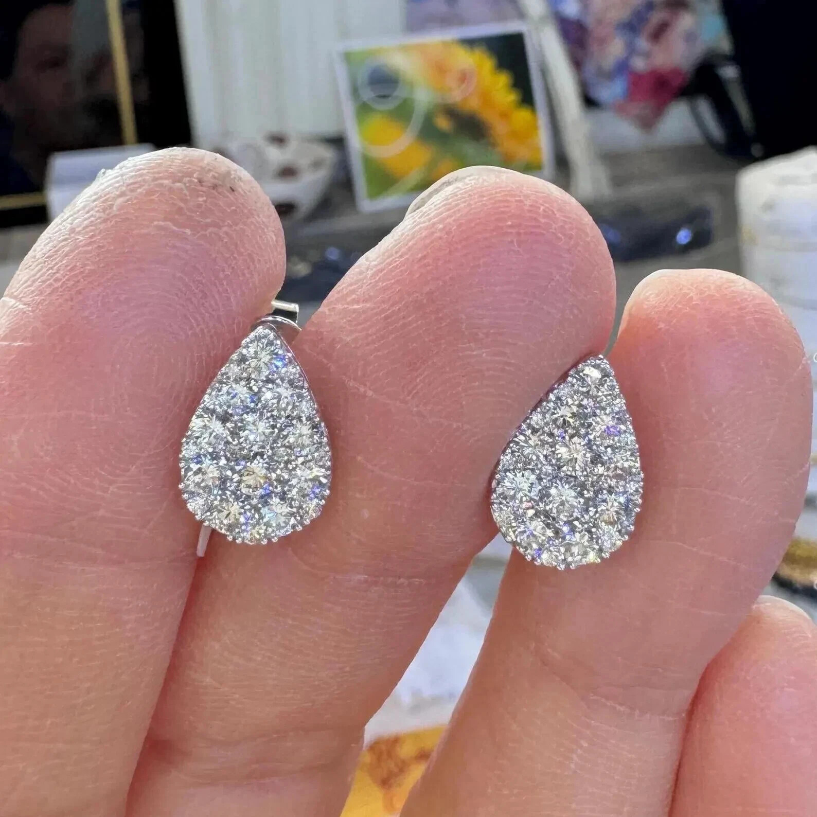 1Ct Round Moissanite Pear Cluster Stud Earrings 14K White Gold Plated